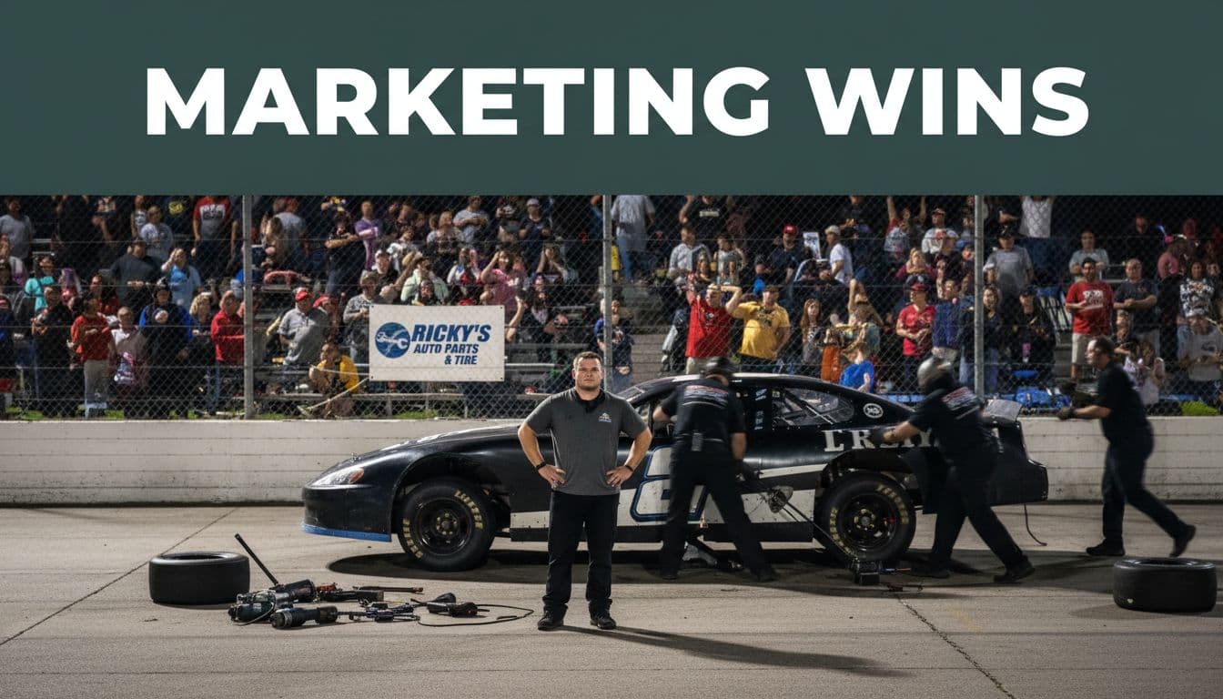 Pit crew working on a short-track stock car under bright stadium lights at night, with a small business sponsor banner on the fence nearby and excited fans in the blurred background. short-track racing sponsorship