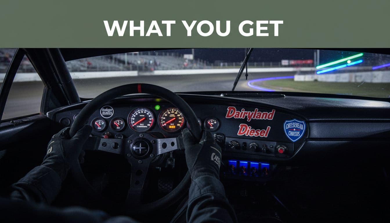 Close-up photorealistic view of a short-track race car cockpit dashboard and steering wheel during a Wisconsin night race, featuring glowing gauges, sponsor decals, and driver's gloved hands on the wheel with neon track lights reflecting. short-track racing sponsorship