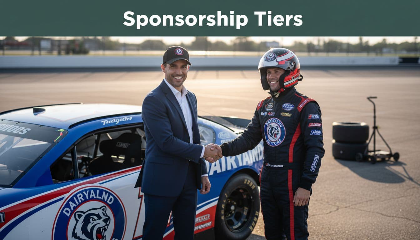 Business professional shakes hands with race car driver next to branded stock car in Wisconsin short-track pit area, sunny afternoon with 'Sponsorship Tiers' headline overlay. short-track racing sponsorship