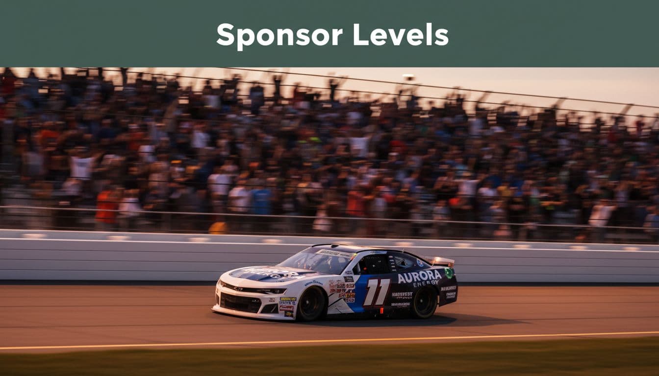 Dynamic stock car racing on a tight Wisconsin short-track oval at dusk with speed blur on tires, packed cheering grandstands, and varying sponsor logo sizes on the car body illustrating sponsorship tiers. Bold 'Sponsor Levels' headline in clean sans-serif font on a dark-green band. short-track racing sponsorship