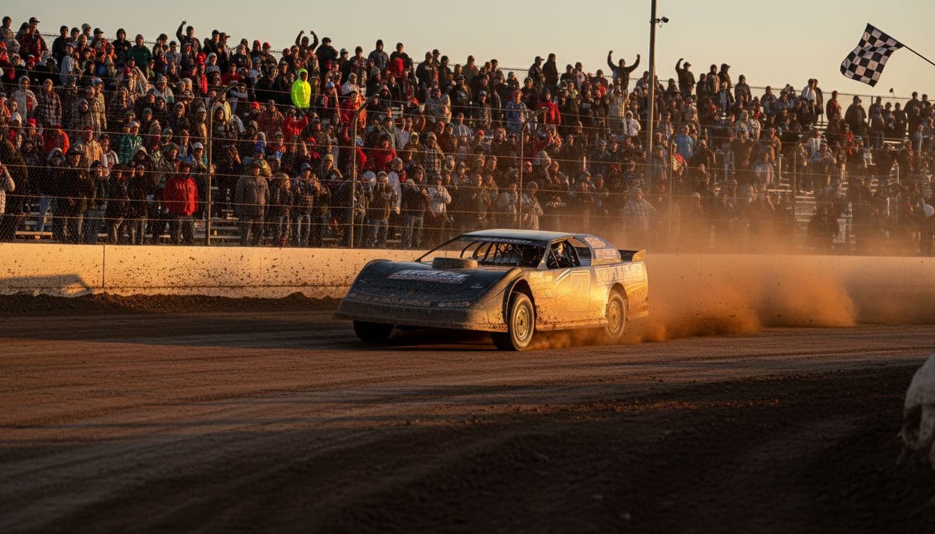 A dynamic short-track race car speeds around a Wisconsin dirt oval track at dusk, with packed grandstands filled with cheering fans in flannel and caps, captured in a dramatic low-angle shot. short-track racing sponsorship