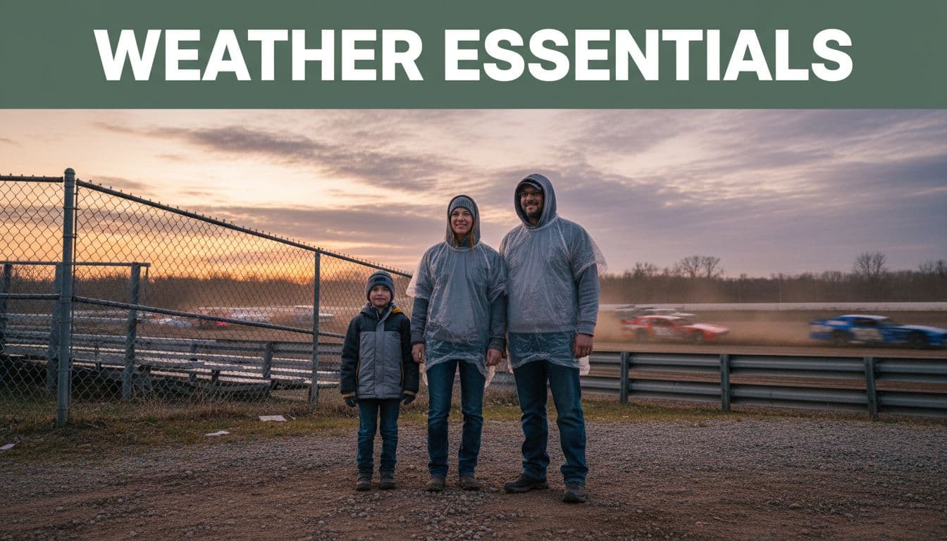 A family of three spectators dressed in layers for Wisconsin's unpredictable weather at a short-track dirt race, standing near a chain-link fence by bleachers under an evening sky with blurred race cars in the distance. Bold 'Weather Essentials' headline in sans-serif font on a dark-green band at the top, realistic photo style with warm dusk lighting and muted earth tones. wisconsin short-track race