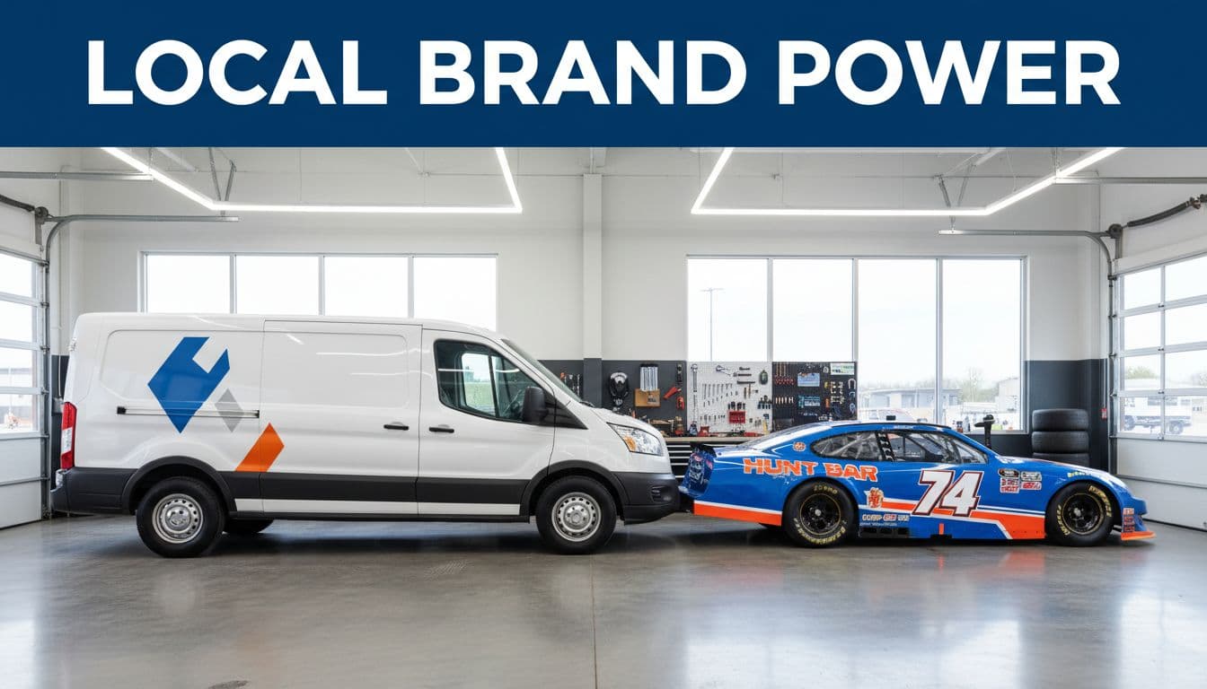 A clean service van parked beside a stock race car inside a modern garage facility.