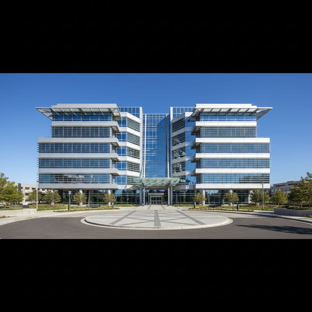 A sleek, contemporary glass and steel office building stands under a clear blue sky. The professional architecture features clean lines and large windows, reflecting the bright daylight of the afternoon.