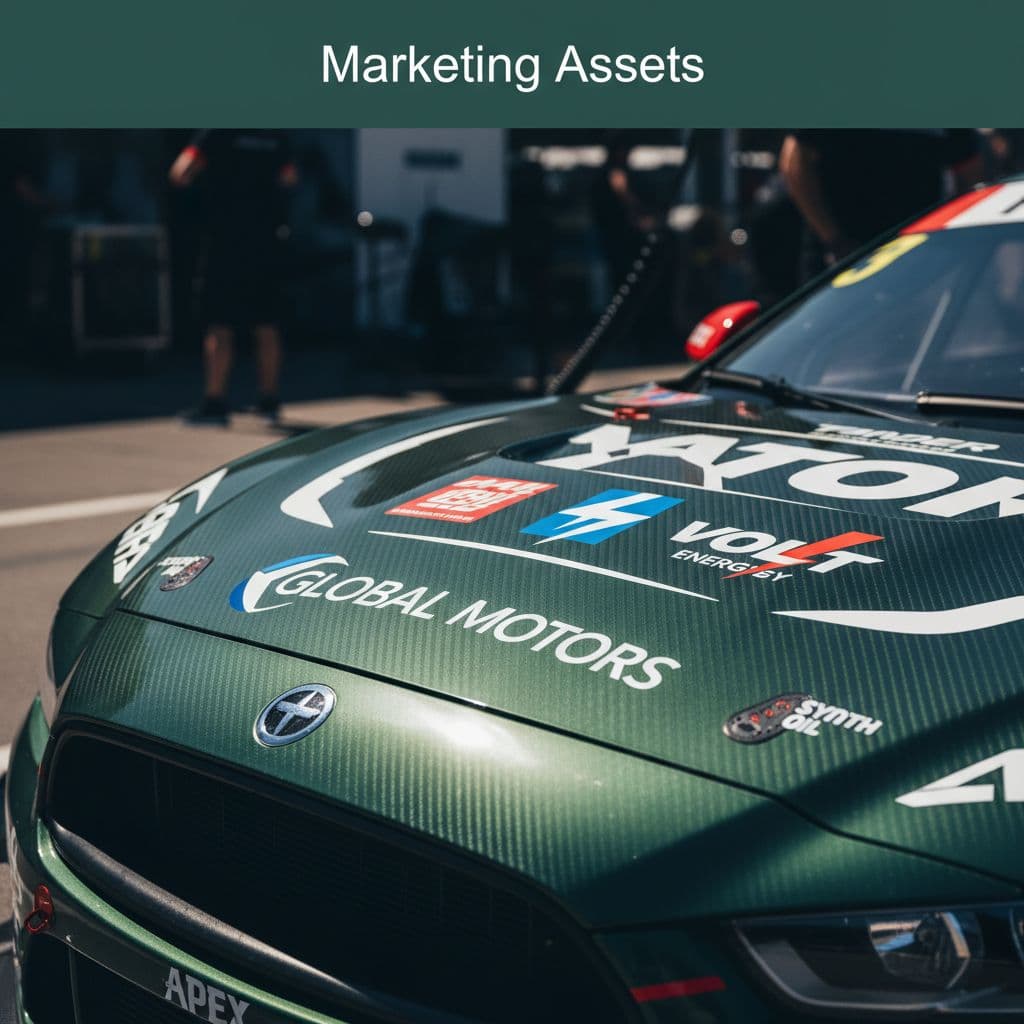 A close-up of a race car hood featuring branded decals parked in a sunlit pit lane.