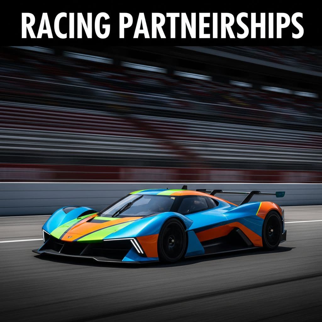 A vibrant race car sits stationary on an asphalt track with dynamic motion blur streaking the background. A prominent headline banner at the top features bold typography about racing partnerships.