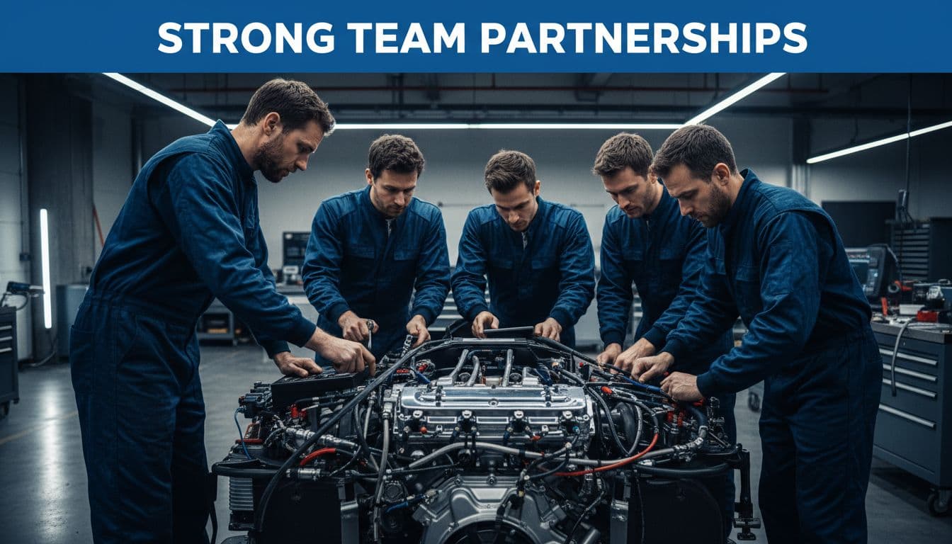Mechanics work together on an open race car engine under professional lighting with overlay text.