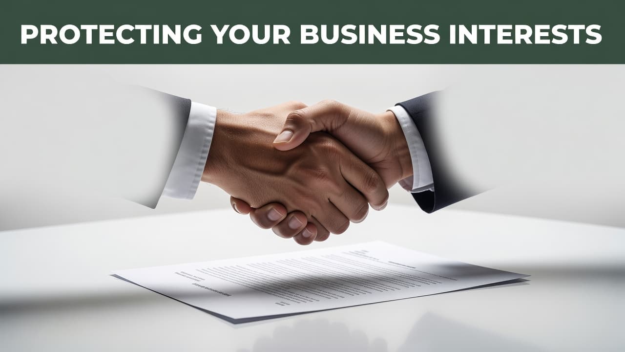 Two individuals exchange a firm handshake over a formal document resting on a clean desk. A dark green geometric header provides a minimalist backdrop for this high-contrast, editorial-style professional scene.