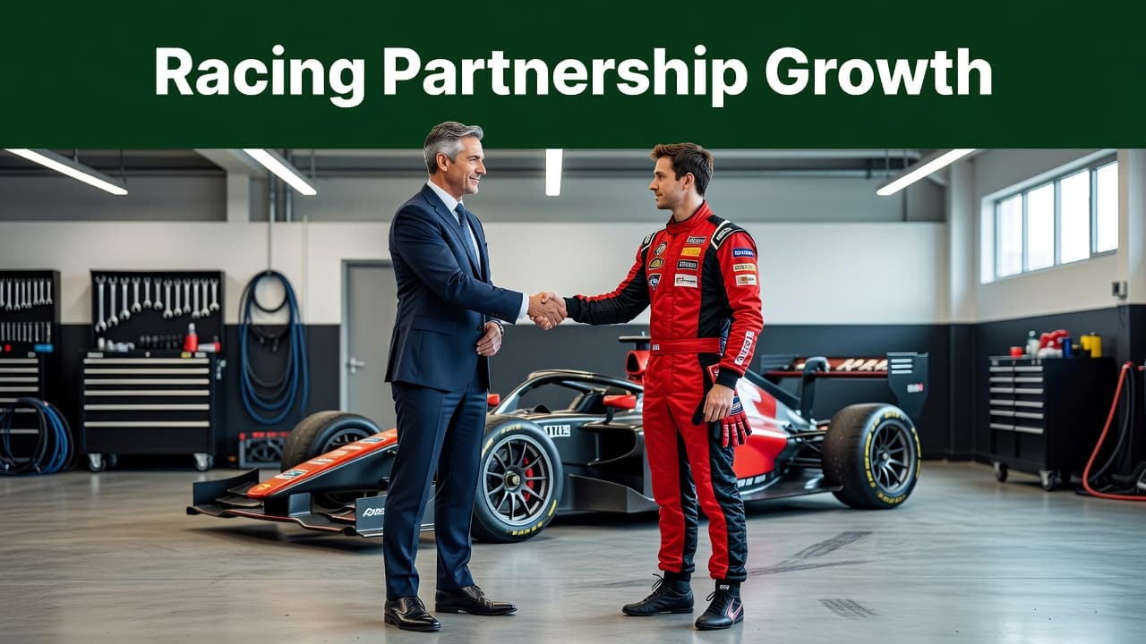 A sharp-suited business executive shakes hands with a professional race car driver inside a bright garage. A dark green header banner with white text spans across the top of the frame.