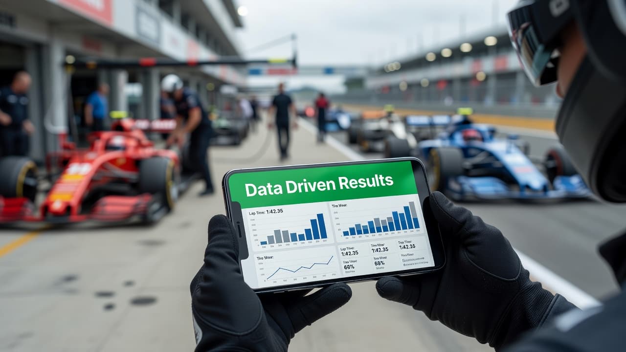 A person holds a smartphone in a racetrack pit lane displaying a data analytics screen with bold green headers. The blurred background reveals the asphalt track environment during a professional event.