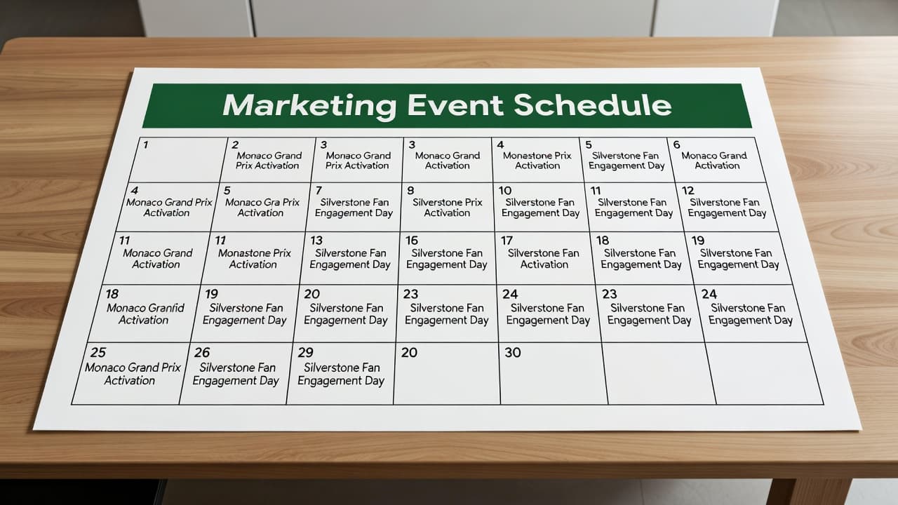 A crisp, organized desk calendar displays various marketing event dates under a bold dark-green header. Pens and a notepad rest neatly nearby under bright, professional office illumination for clear visibility.