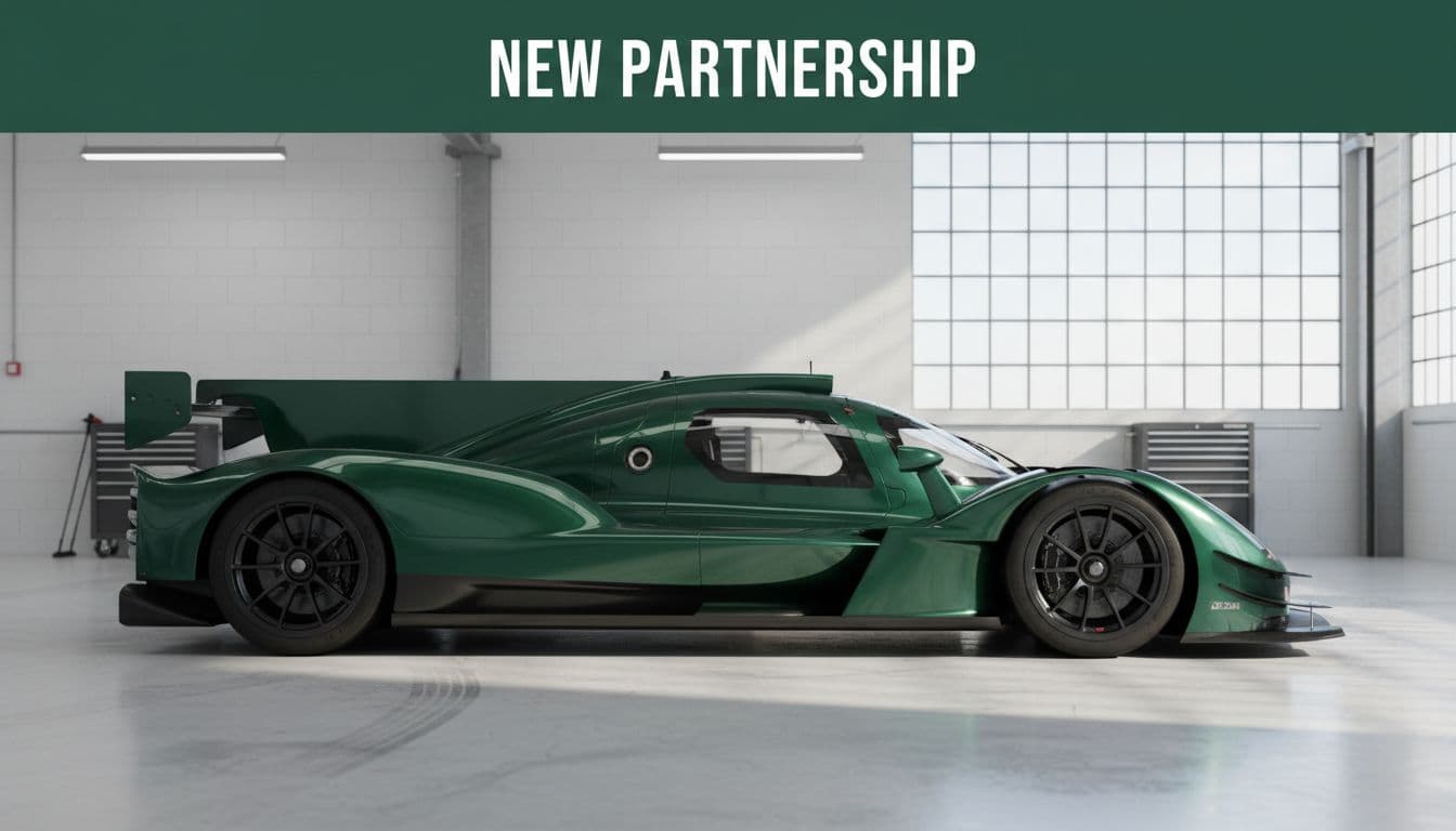 A sleek racing vehicle rests inside a polished industrial garage with bright overhead lighting. A prominent green banner featuring the white text New Partnership spans across the top of the frame.
