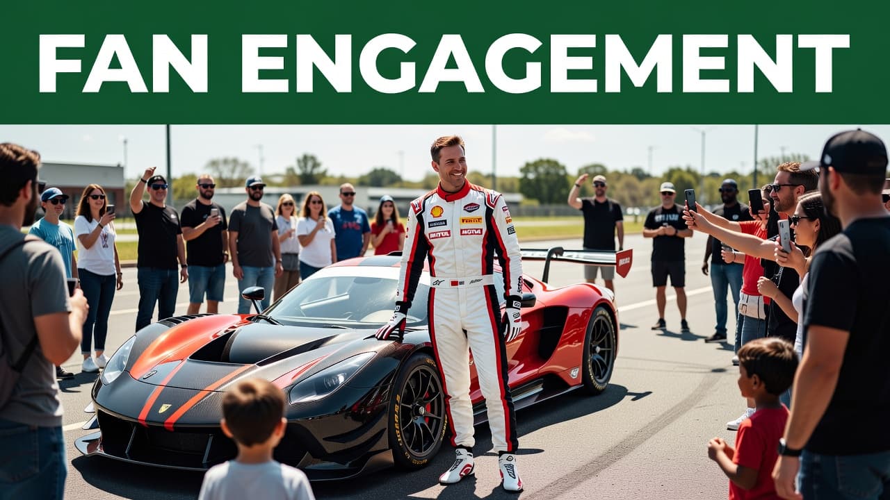 A race car driver in a sleek, branded suit stands confidently beside a vibrant race car. Blurred event attendees fill the background under bright sunshine, highlighting the driver's public engagement role.