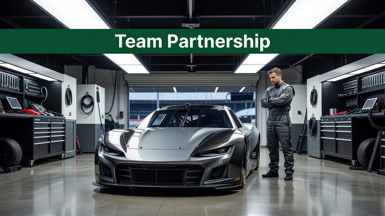 A sleek modern race car sits inside a brightly lit professional garage. A single crew member stands nearby, while a prominent horizontal dark-green banner displays the words Team Partnership above.