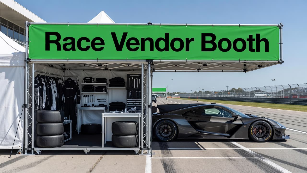 A sleek trade booth stands under bright sunlight at a race track. A polished race car is parked nearby while professional banners frame the organized display area on the paved surface.