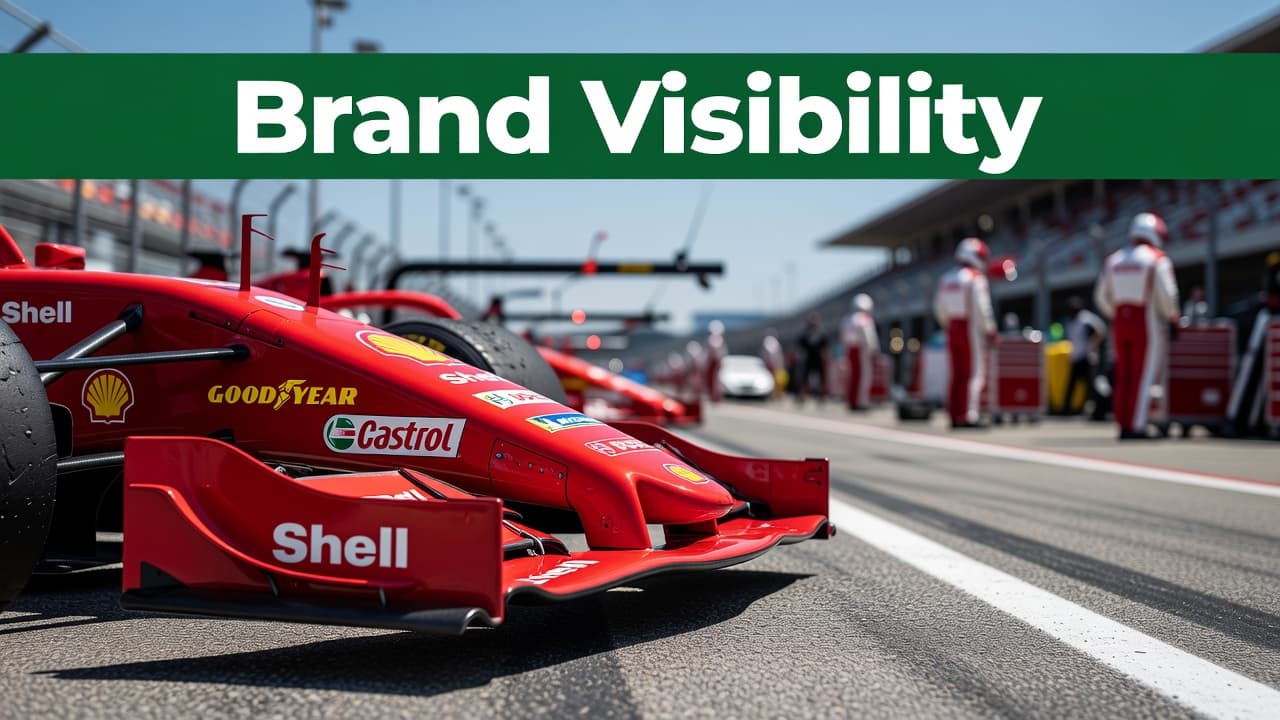 A close view of a dark green race car fender showcases colorful sponsor decals and sharp lines. The track environment remains blurred in the background to emphasize bold brand visibility.