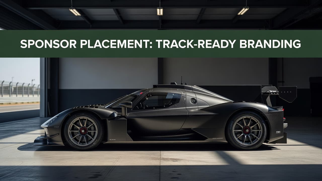 A sleek performance race car sits parked inside a dimly lit workshop, showing clear side panels optimized for sponsor decals. A dark green header bar frames the top of the frame.