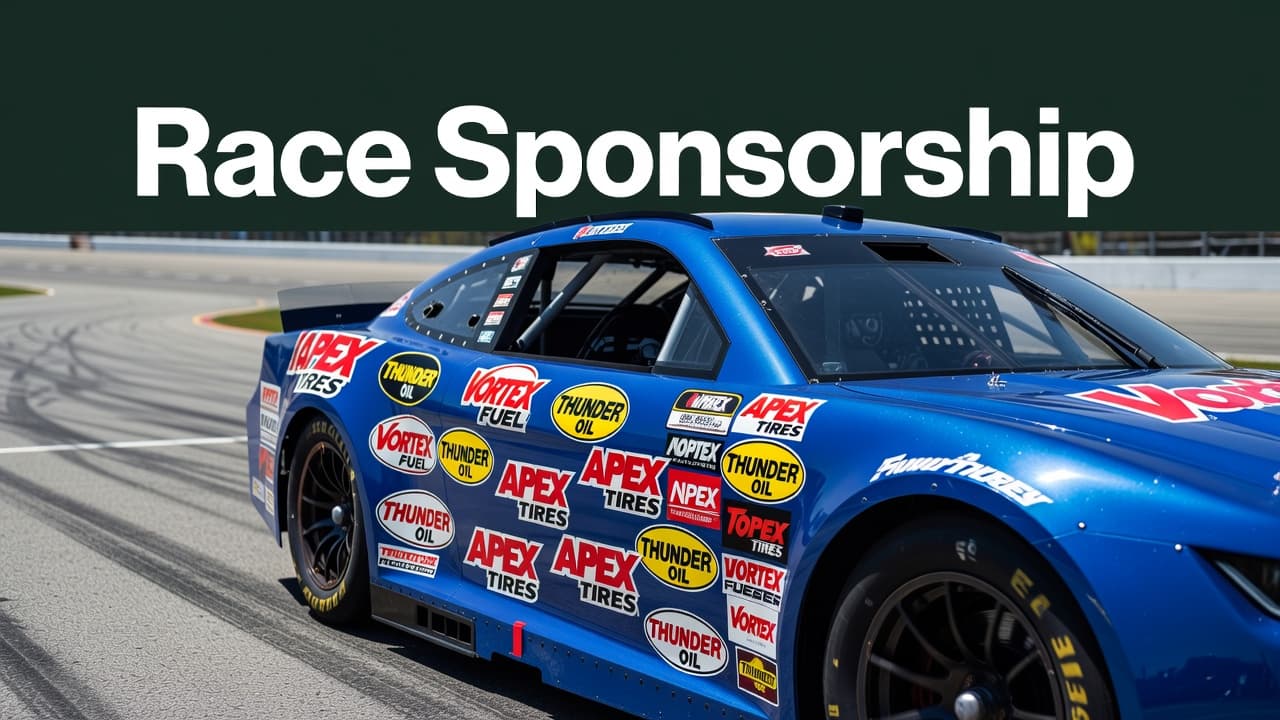 A sleek race car sits stationary on a paved track, featuring a prominent dark-green banner across the top windshield area. The bold sans-serif text clearly advertises a racing sponsorship opportunity.