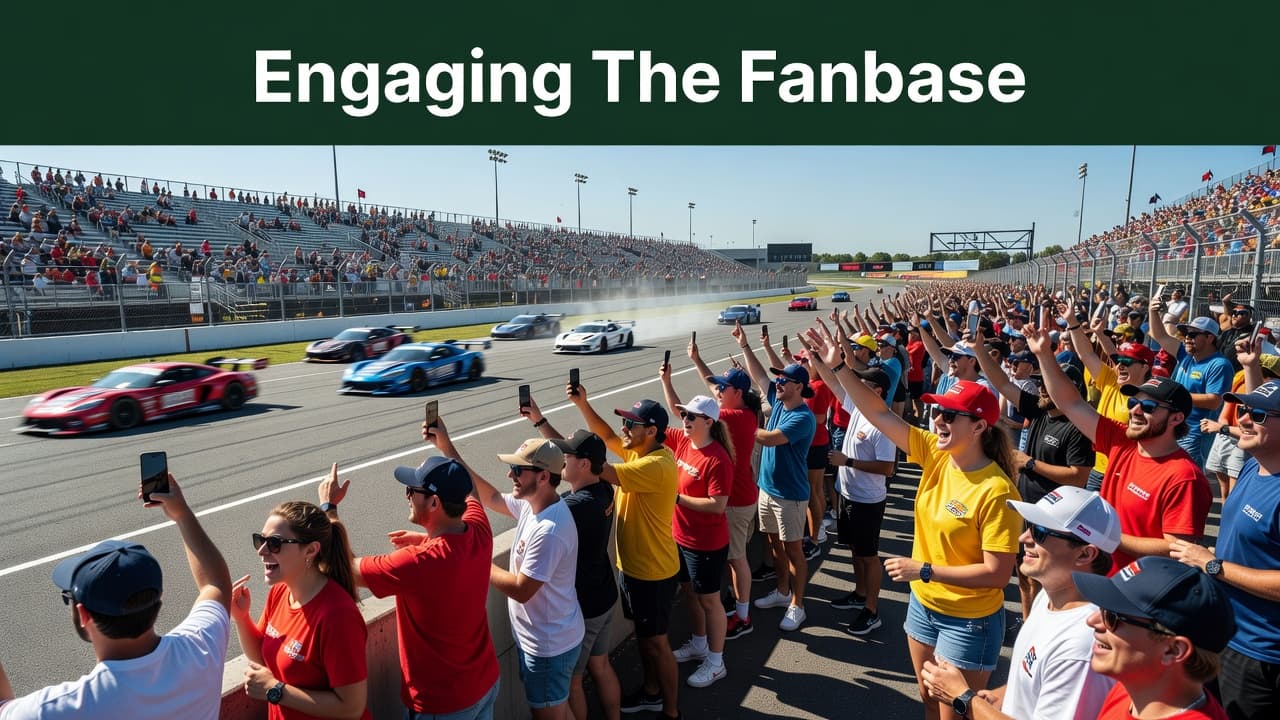 Diverse spectators stand along a metallic railing at a sun-drenched speedway, gesturing toward the racing surface while interacting with each other. A dark green banner featuring white text spans the top.