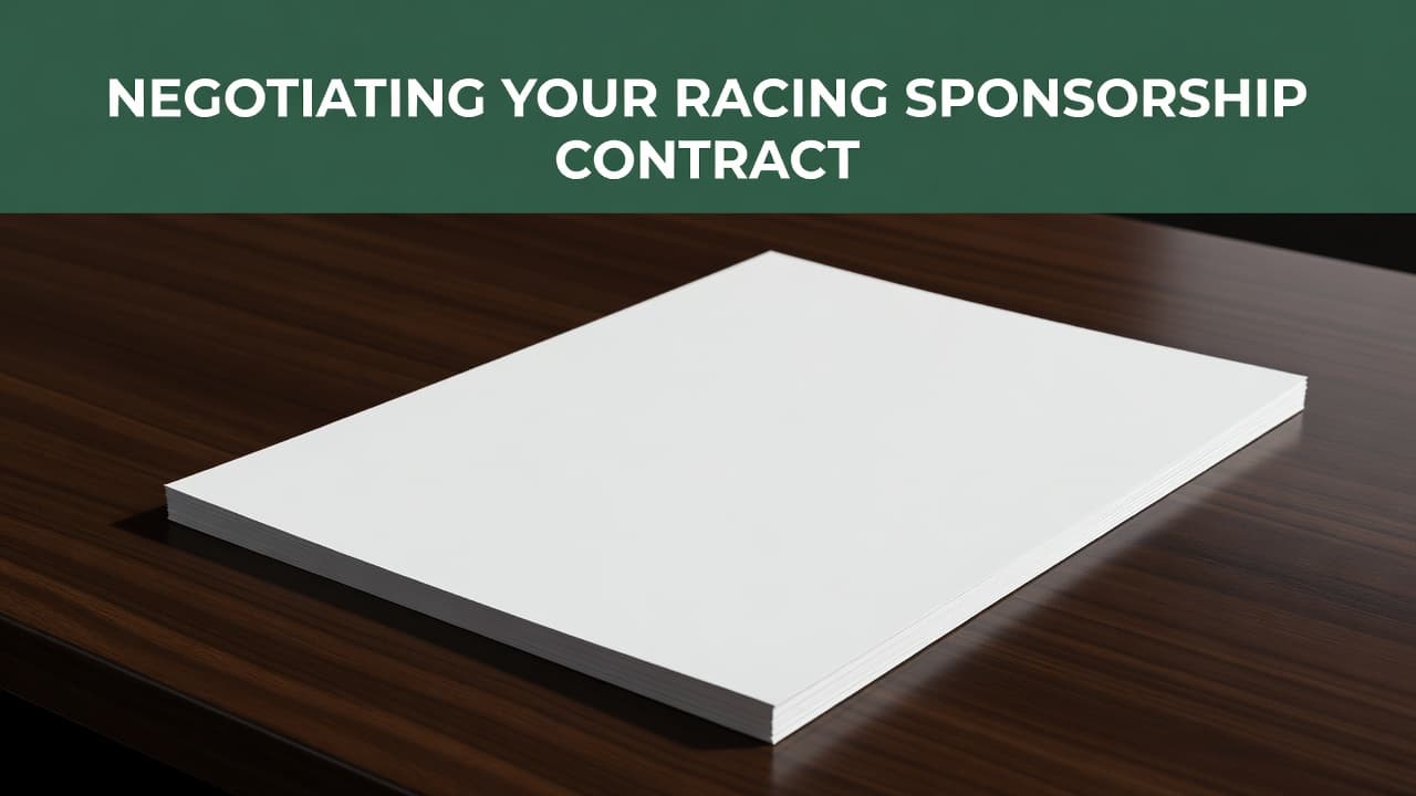 A clean, white paper document lies on a flat surface, featuring a bold dark-green horizontal header. The minimal design emphasizes a professional tone suitable for high-stakes automotive sports industry partnerships.