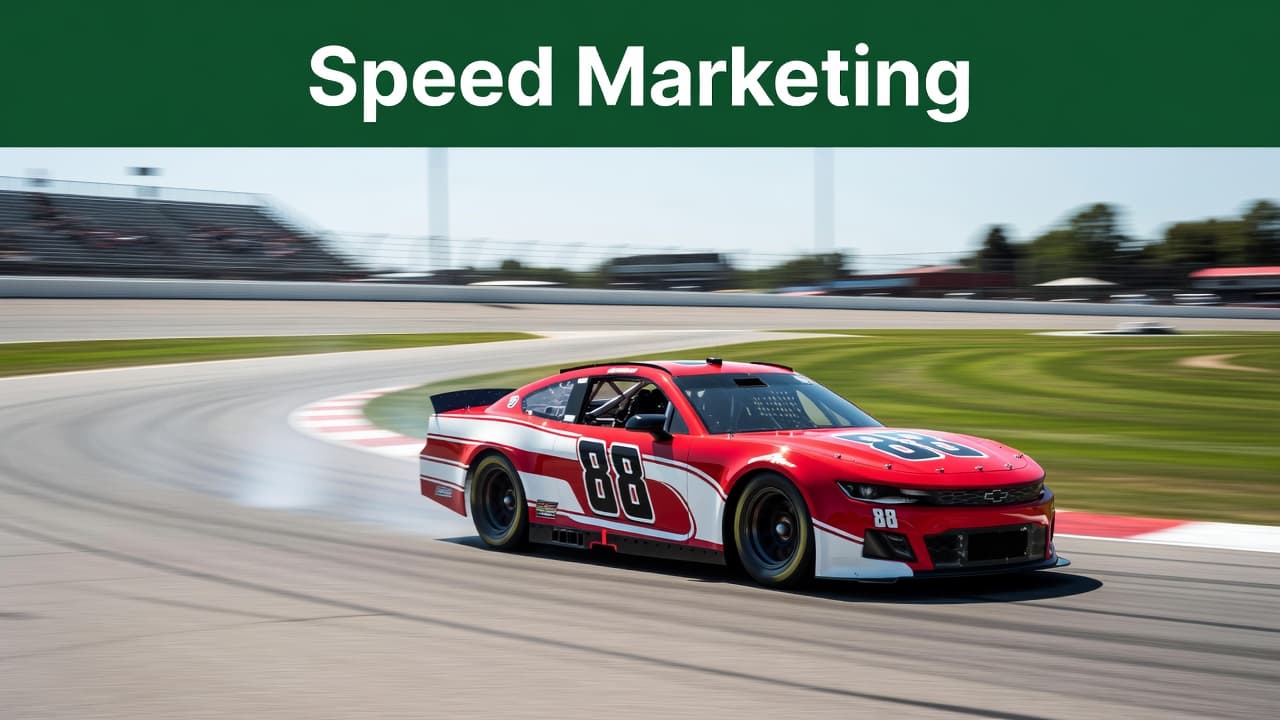 A high-speed race car grips the asphalt track while the background blurs into motion. A dark green banner at the top features the bold white text Speed Marketing above the action.