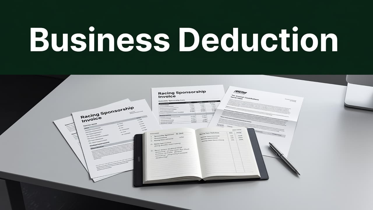 A clean office desk displays a leather-bound planner and organized business documents beneath a dark green header reading Business Deduction. Sharp lighting emphasizes the professional atmosphere of a racing sponsorship environment.