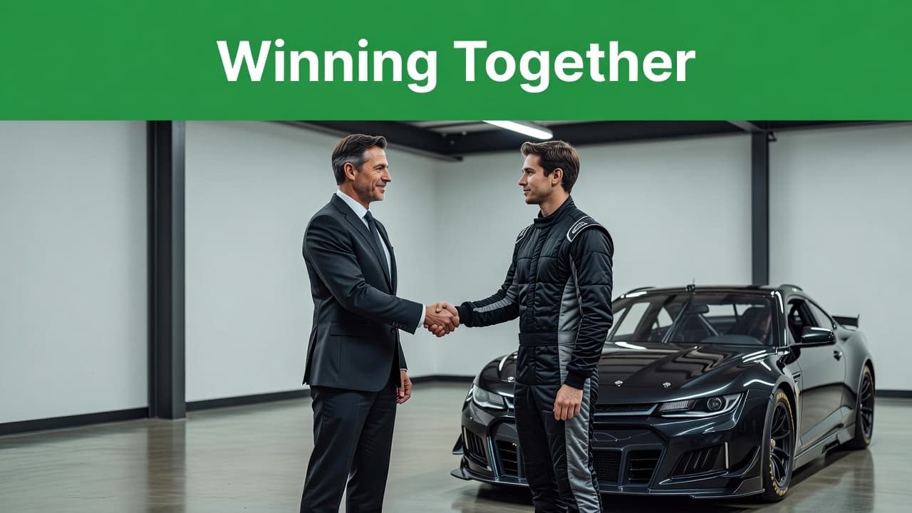 A business professional in a suit shakes hands with a race car driver inside a pristine garage. A sleek race car stands nearby under bright lights with bold green header text.